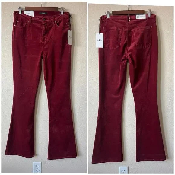 7 For All Mankind HW Ali Velvet Garnet Red High Waist Flare Pants 29 / Retro 70s - Picture 2 of 10